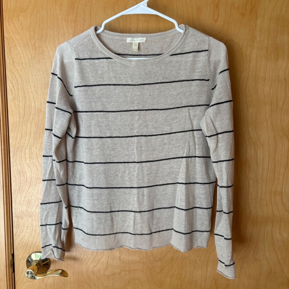Eileen Fisher Sweater Women XS Beige Black Striped 100% Organic Linen Knit Top